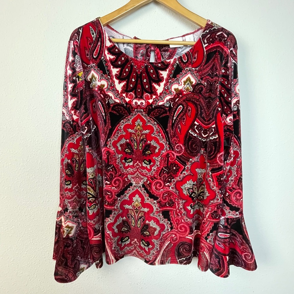 Chicos Red Paisley Velvet Long Sleeve Bell Sleeve Tie Back Top Size M